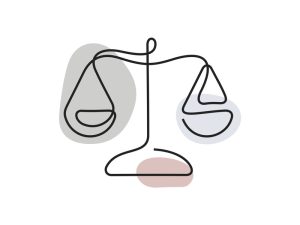 A colored continuous line illustration of a weighing scale on a stand with balanced weight in ocean palette.