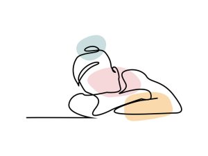 A colored continuous line illustration of a woman slumped over a desk with her head resting on her elbow.