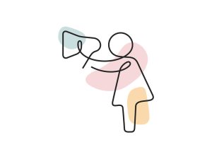 A colored continuous line illustration of a woman talking into a megaphone disclosing information.