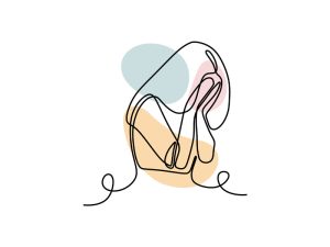 A colored continuous line illustration of a woman with her head in her hands indicating a low mood.
