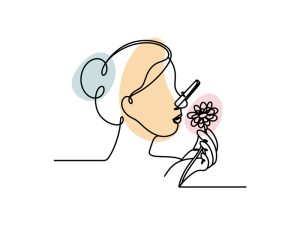 A colored continuous line illustration of a woman's profile holding a flower with a peg on her nose depicting an inability to smell.