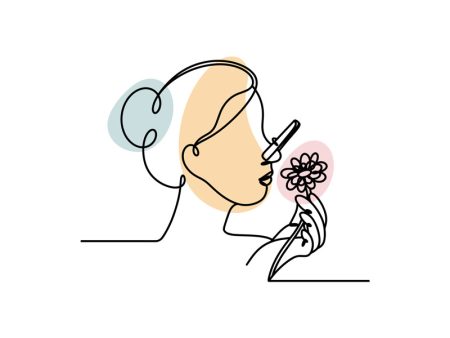 A colored continuous line illustration of a woman's profile holding a flower with a peg on her nose depicting an inability to smell.