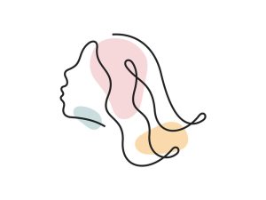 A colored continuous line illustration of a woman's profile with flowing medium-length hair.