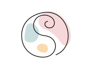 A colored continuous line illustration of a yin yang symbol symbolizing opposing healing energies working together to create balance and harmony.