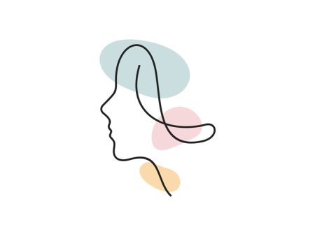 A colored continuous line illustration of a young woman's profile showing part of her hair and neck.