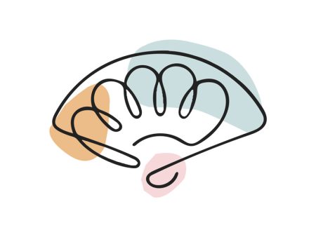 A colored continuous line illustration of an Asian hand held fan used for cooling down.