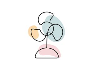 A colored continuous line illustration of an electric fan with three fins on a stand.