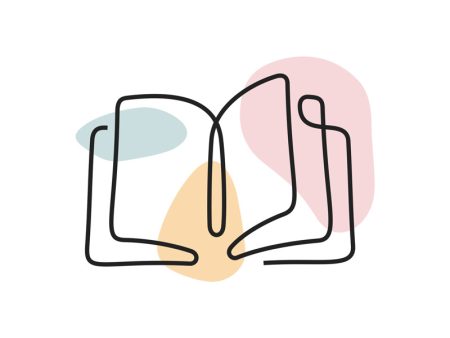 A colored continuous line illustration of an open book with turning pages on the right side.