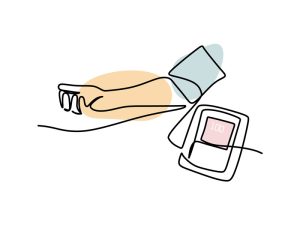 A colored continuous line illustration of an outstretched human arm getting their blood pressure taken.