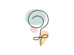 A colored continuous line illustration of the sex symbol used for a female depicted by a cross underneath.